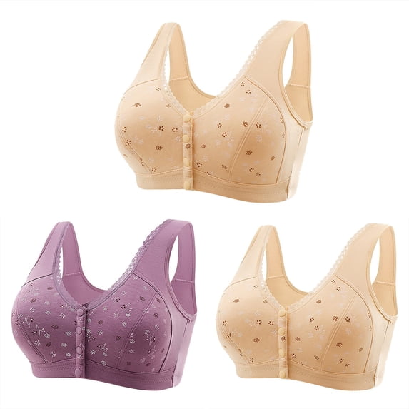 fheaev 3 Pack Front Closure Bras For Women Plus Size Full Coverage No Underwire Comfort Wireless Snap Closing Convenient Everyday Bra Front Button Bras Middle-Aged Older Women Front Buckle Corset Bra
