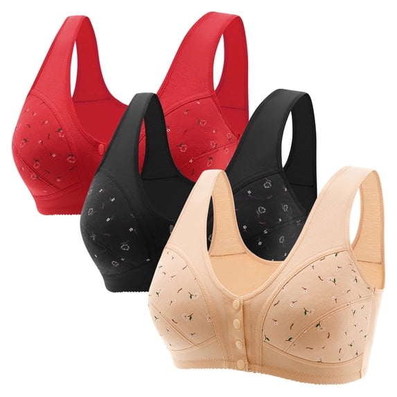 fheaev 3 Pack Front Closure Bras For Women Plus Size Full Coverage No Underwire Comfort Wireless Snap Closing Convenient Everyday Bra Front Button Bras Middle-Aged Older Women Front Buckle Corset Bra