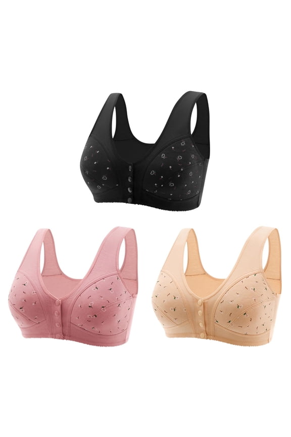 3 Pack Front Closure Bras For Women Plus Size Post Surgery Brassiere Full Coverage No Underwire Wireless Snap Closing Convenient Everyday Bra Front Button Older Women Front Buckle Corset Bra