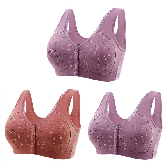fheaev 3 Pack Front Closure Bras For Women Plus Size Post Surgery Brassiere Full Coverage No Underwire Wireless Snap Closing Convenient Everyday Bra Front Button Older Women Front Buckle Corset Bra