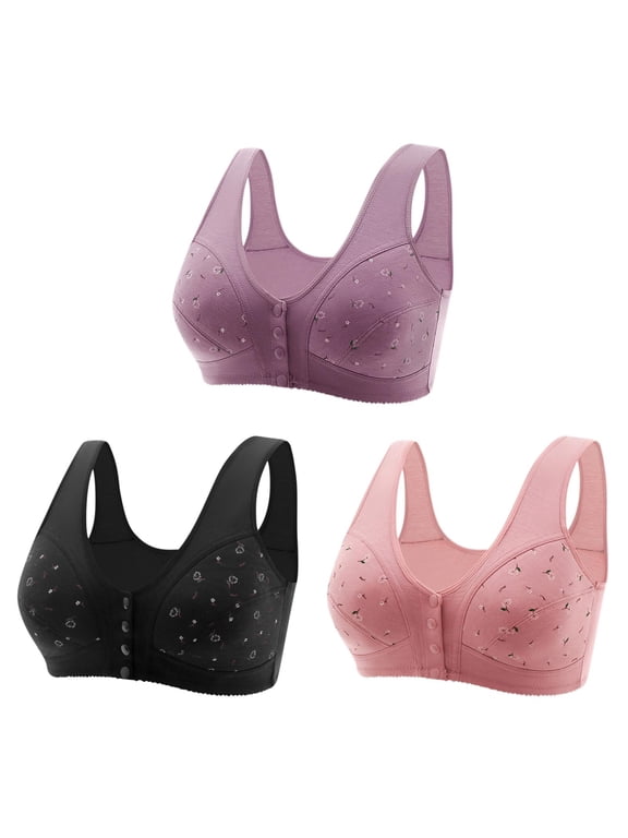3 Pack Front Closure Bras For Women Plus Size Post Surgery Brassiere Full Coverage No Underwire Wireless Snap Closing Convenient Everyday Bra Front Button Older Women Front Buckle Corset Bra