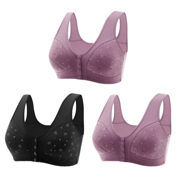 fheaev 3 Pack Front Closure Bras For Women Plus Size Post Surgery Brassiere Full Coverage No Underwire Wireless Snap Closing Convenient Everyday Bra Front Button Older Women Front Buckle Corset Bra