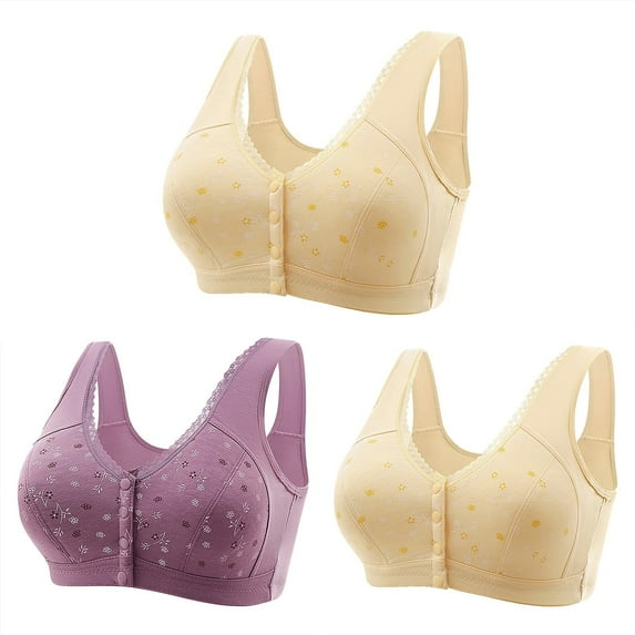 fheaev 3 Pack Front Closure Bras For Women Plus Size Post Surgery Brassiere Full Coverage No Underwire Wireless Snap Closing Convenient Everyday Bra Front Button Older Women Front Buckle Corset Bra