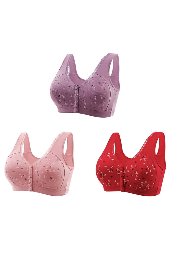 3 Pack Front Closure Bras For Women Plus Size Post Surgery Brassiere Full Coverage No Underwire Wireless Snap Closing Convenient Everyday Bra Front Button Older Women Front Buckle Corset Bra