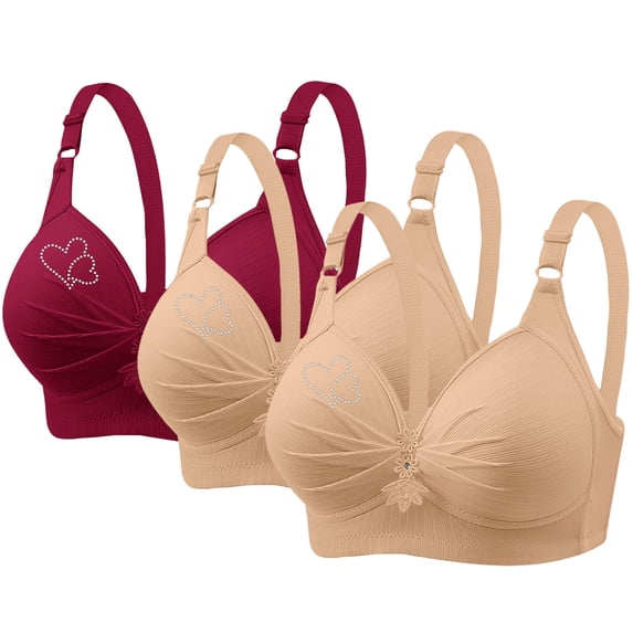 fheaev 3Pc Plus Size Bra for Women Wireless Bras No Underwire Printing Gathered Together Large Size Wirefree Adjustable Shoulder Strap Full Coverage Push Up Bras Everyday Bras Underwear