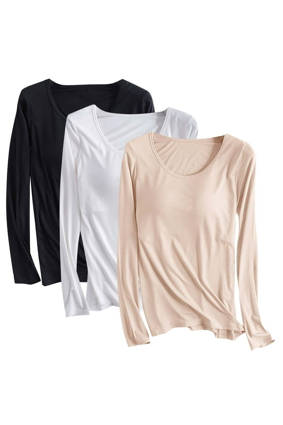 3Pc Undershirts Shirt for Women Solid Color Long Sleeve Shirt with Chest Tunics Tops Pullover Blouses Basic Tee Underwear Tops Fall Fashion Winter Clothing Outfits