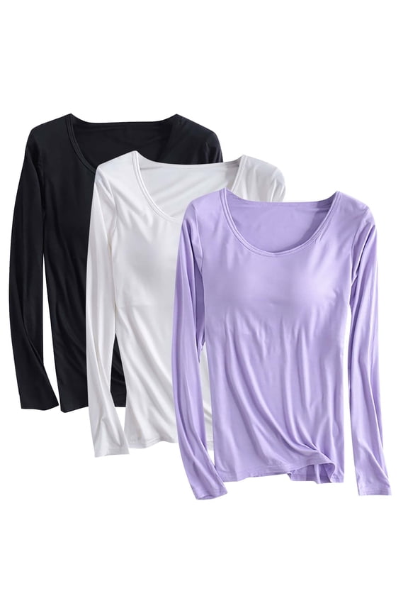 3Pc Undershirts Shirt for Women Solid Color Long Sleeve Shirt with Chest Tunics Tops Pullover Blouses Basic Tee Underwear Tops Fall Fashion Winter Clothing Outfits
