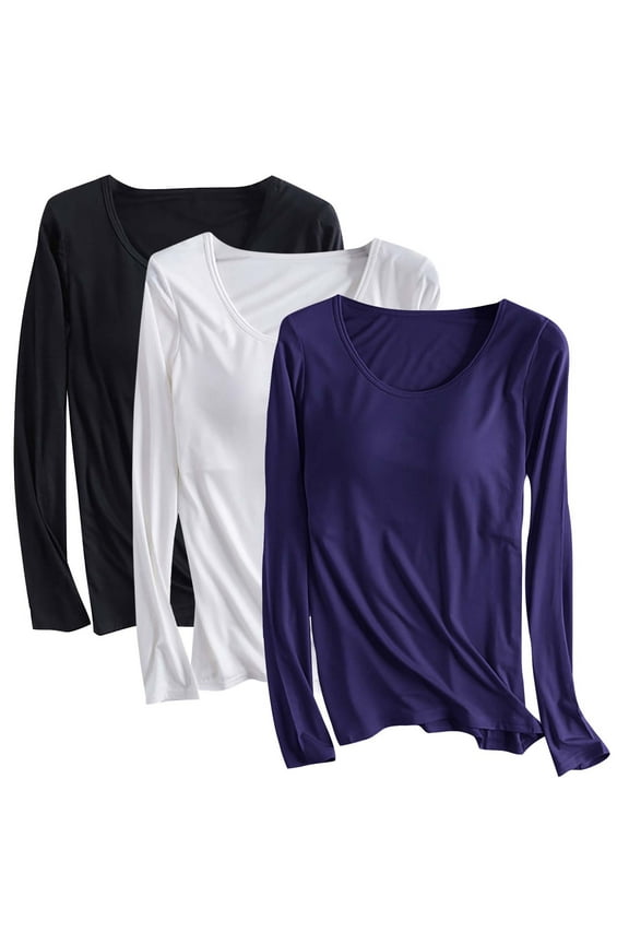 3Pc Undershirts Shirt for Women Solid Color Long Sleeve Shirt with Chest Tunics Tops Pullover Blouses Basic Tee Underwear Tops Fall Fashion Winter Clothing Outfits