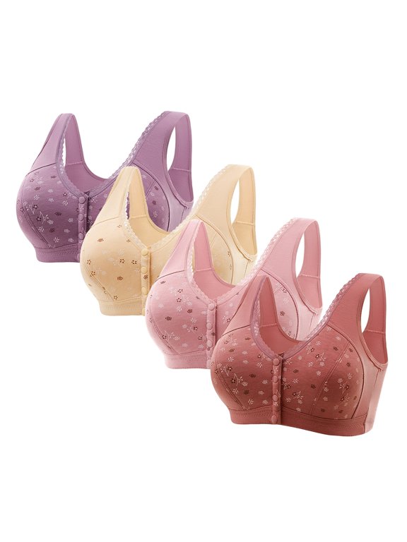 4 Pack Front Closure Bras For Women Plus Size Full Coverage No Underwire Comfort Wireless Snap Closing Convenient Everyday Bra Front Button Bras Cotton Sleep Front Buckle Corset Bra