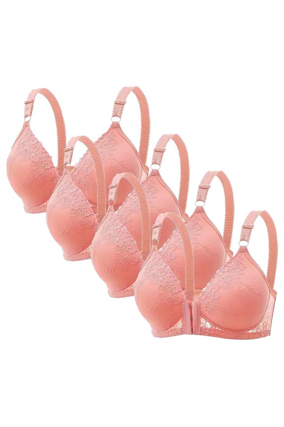 4Pc Front Close Bras for Women Plus Size Wirefree Support Posture No Underwire Full Coverage Bra Adjustable Shoulder Strap Comfort Push Up Lace Breathable Front Buckle Open Everyday Bras