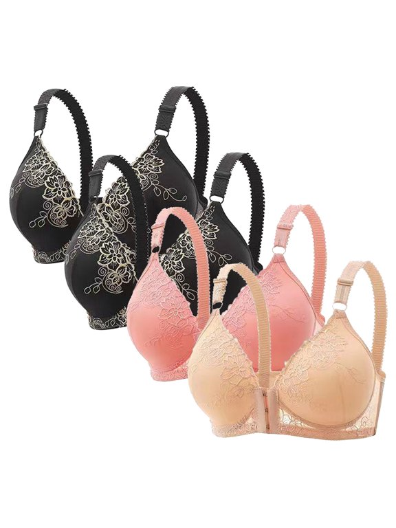 4Pc Front Close Bras for Women Plus Size Wirefree Support Posture No Underwire Full Coverage Bra Adjustable Shoulder Strap Comfort Push Up Lace Breathable Front Buckle Open Everyday Bras