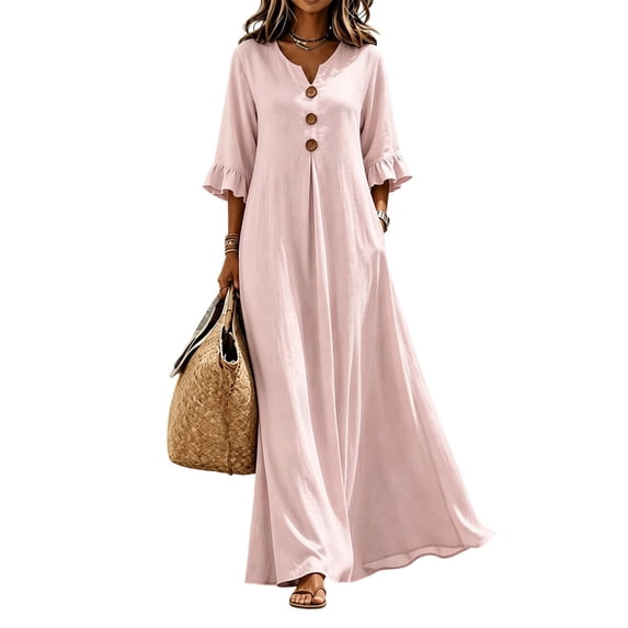 fheaev A-Line Dress for Women V-Neck Ruffle Sleeve Button Front Solid Color Flowy Maxi Vacation Resort Dress Pink,M