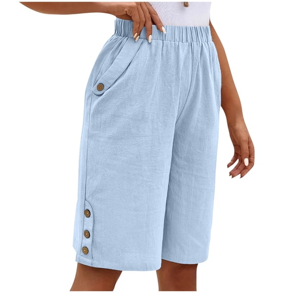 fheaev Bermuda Shorts for Women Knee Length High Waisted Elastic Waist Wide Leg Shorts with Pocket Dressy Casual Summer Long Shorts