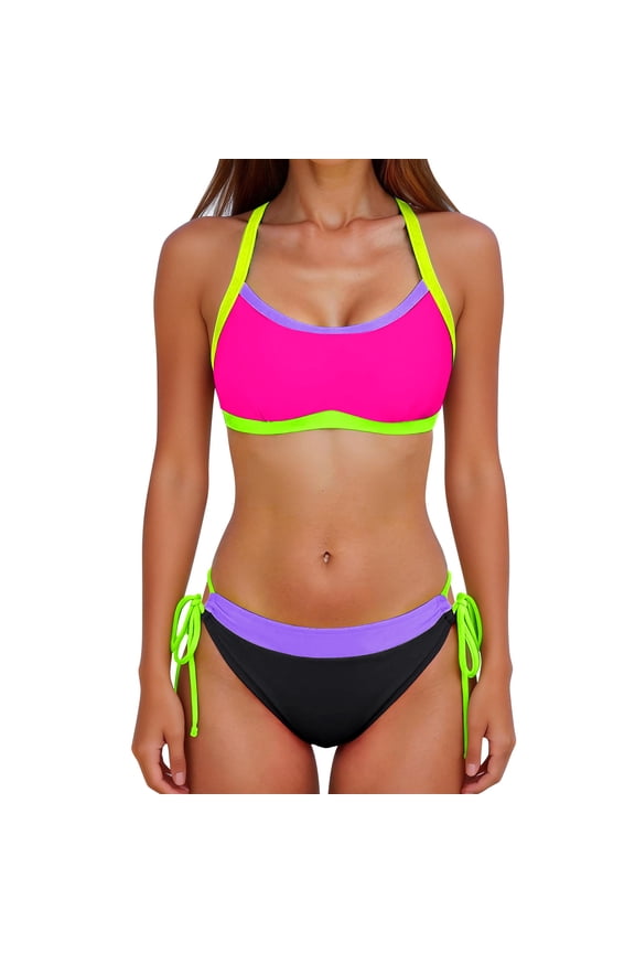 Bikini Sets for Women Sporty Two-Piece U Neck Slim Fit Bathing Suit High Cut Cheeky Side Tie Solid Color Swim Suit