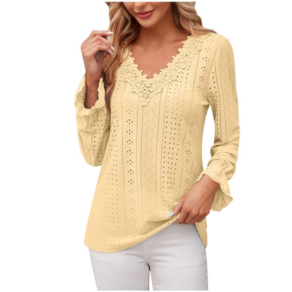 fheaev Blouse Shirts for Women 2025 Fall Long Sleeve Shirts V-Neck Pullover Top Soft Loose Fit Tops Solid Color Tunics Top Basic Tees Business Casual Fashion Trendy Outfits