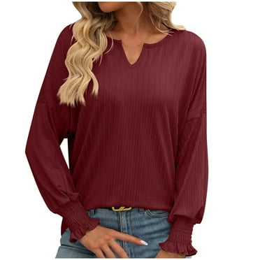 fheaev Blouses For Women V-Neck Loose Long Sleeve T Shirts Tunic Tops Basic Tee Pullover Knitted Sweater Dressy Casual Tops Blouses Fashion Clothes 2024