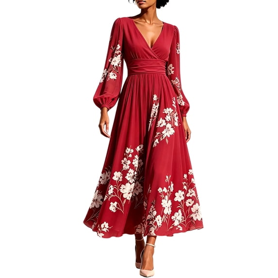 fheaev Boho Floral A-Line Dress for Women Long Sleeve Flowy Midi Casual Elegant Fall Dresses Wine,M