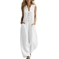 thumbnail image 1 of fheaev Button Down Jumpsuits for Women Linen Deep V Neck Sleeveless Wide Legs Loose Fit Summer Vacation with Pockets White L, 1 of 6