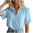 thumbnail image 1 of fheaev Button Up Shirts for Women Solid Color Lapel Lace Short Sleeve Work Tops Summer Outfits Light Blue XL, 1 of 7