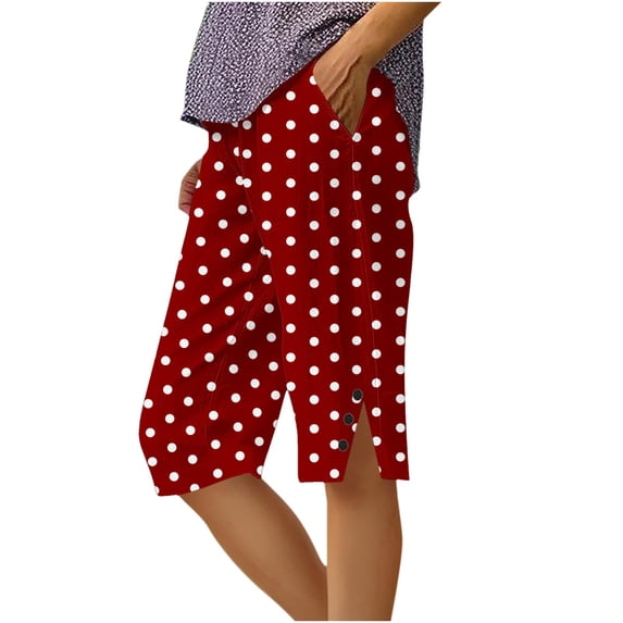 fheaev Capri Pant for Women Polka Dots Cotton Linen Loose Fit Side Slit Hem Button Detail Summer Casual Straight Leg with Pockets S-XL