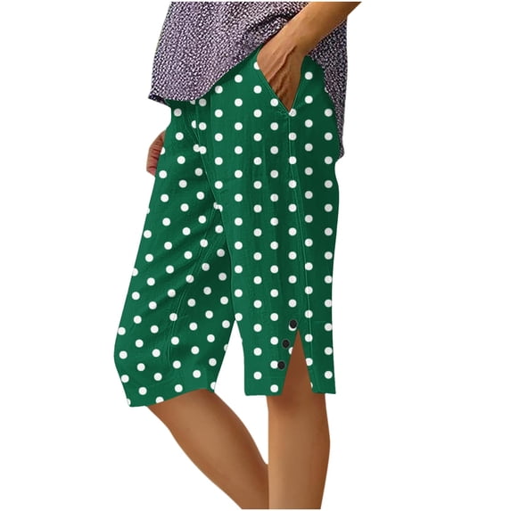 fheaev Capri Pant for Women Polka Dots Cotton Linen Loose Fit Side Slit Hem Button Detail Summer Casual Straight Leg with Pockets S-XL
