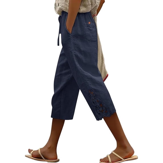 fheaev Capri Pants for Women Casual Summer Elastic Waist Drawstring Loose Lace Straight Lag with Pockets Navy L