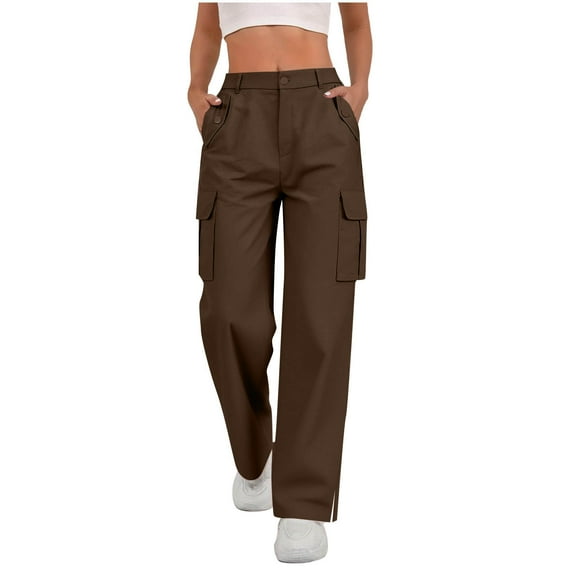 fheaev Cargo Pants for Women Solid Color High Waisted Straight Wide Leg Pants with Pockets Streetwear Trousers Jogging Sweatpants Casual Baggy Jogger Pants Trendy Clothes