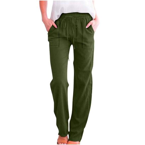 fheaev Casual Pants for Women Linen Straight Leg High Waisted Drawstring Solid Pants Trousers with Pockets Sports Full Length Pants Birthday Gifts