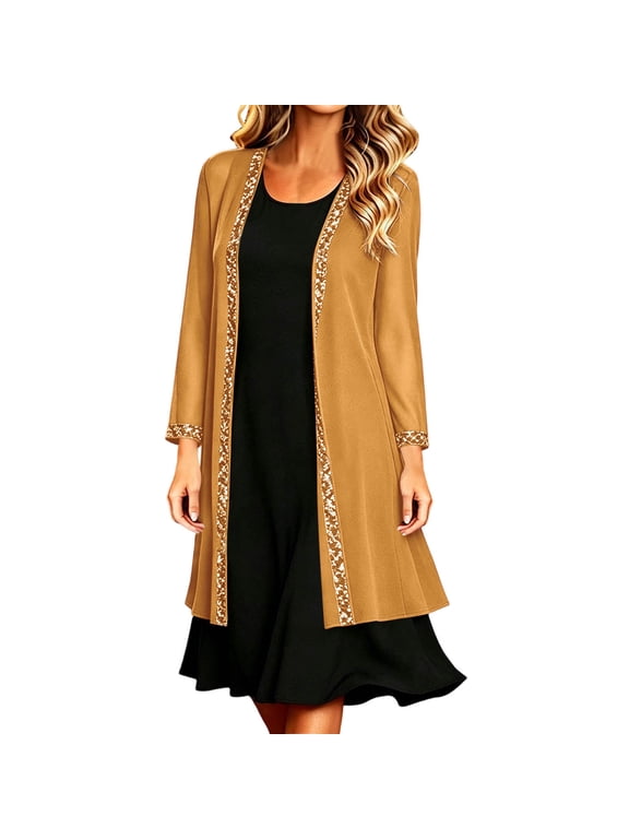 Chiffon Cardigan for Women Sequin Trim Open Front Long Sleeve Elegant Cocktail Party Jacket Yellow,M
