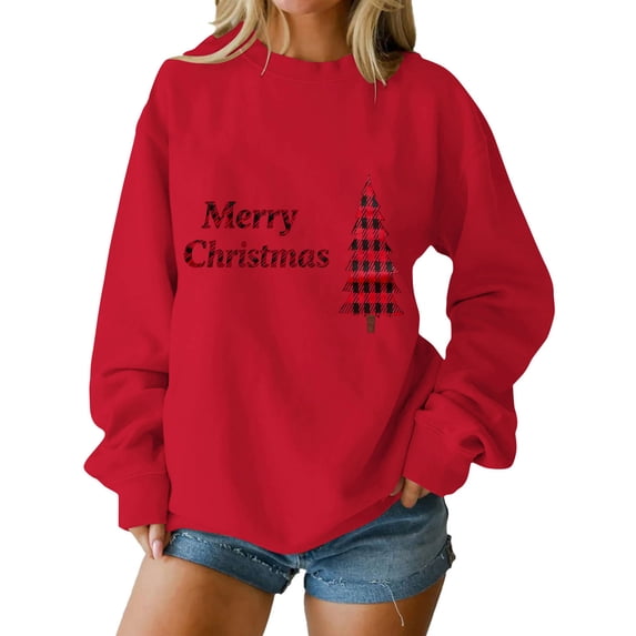 fheaev Christmas Sweatshirts for Women Christmas Graphic Crewneck Oversized Fleece Lined Sweater Holiday Xmas Long Sleeve Shirts Pullover Winter Tops