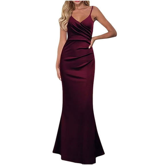 fheaev Cocktail Party Dress for Women Fashion Solid Color Maxi Dress Spaghetti Straps V Neck Bodycon Mermaid Dress Elegant Ruffles Evening Party Dress