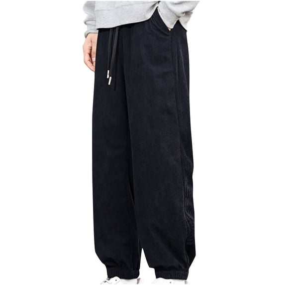 fheaev Corduroy Casual Pant for Men Loose Fit Straight-Legs Pants Drawstring Elastic Waist High Waist Joggers Pants with Pockets Binding Leg Pants