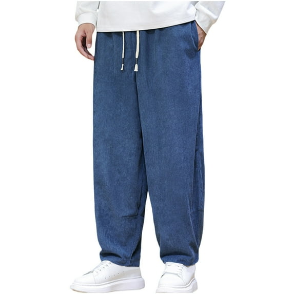 fheaev Corduroy Straight Leg Pants for Men Baggy Fashion Loose Fit Vintage Elastic Waist Casual Drawstring Pants with Pockets Comfortable Everyday Trousers
