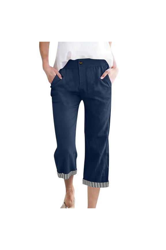 Cotton Linen Capri for Women Adjustable Buckle with Striped Color Block Straight Leg Casual Summer Pants S-3XL