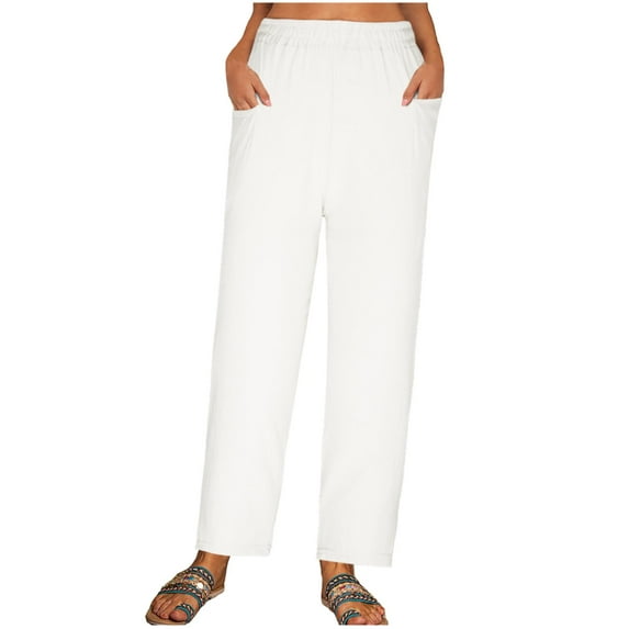 fheaev Cotton Linen Pants For Women Elastic Waist High-Waist Pants Casual Loose Straight Comfy Trousers With Pockets Solid Color Slacks
