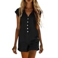 thumbnail image 1 of fheaev Cotton Linen Romper for Women V Neck Button Cap Sleeve Summer Casual Loose Fit Shorts with Pockets Black M, 1 of 6