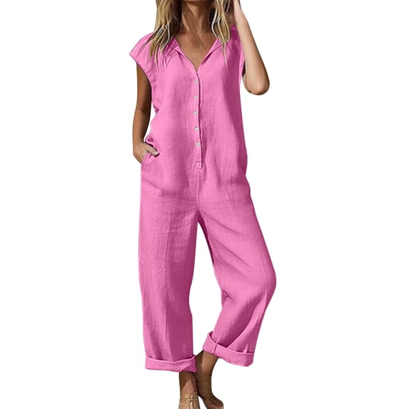 fheaev Cotton Linen Jumpsuits for Women Button Down short Sleeve Casual Wide Leg Pants Rompers Loose Overall with Pockets summer Spring Clothes Travel Outfits