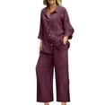 thumbnail image 1 of fheaev Cotton Linen Set for Women Summer V-Neck Loose Lapel Long Sleeved Shirt Wide Leg Pants Set Spring Clothes Travel Outfits, 1 of 6