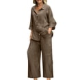 thumbnail image 1 of fheaev Cotton Linen Set for Women Summer V-Neck Loose Lapel Long Sleeved Shirt Wide Leg Pants Set Spring Clothes Travel Outfits, 1 of 6