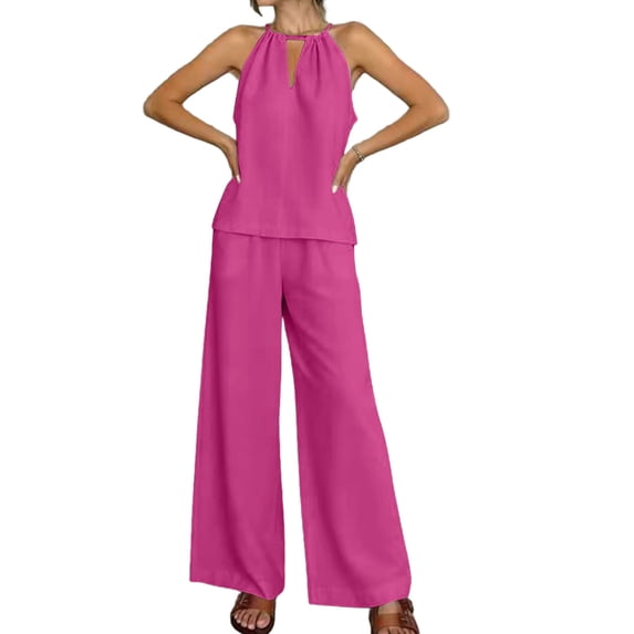 fheaev Cotton Linen Set for Women Summer V-Neck Loose V-Neck Sleeveless Shirt Wide Leg Pants Set Spring Clothes Travel Outfits