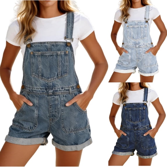 fheaev Denim Overalls for Women Loose Fit Casual Summer Button Mini Shorts with Bib Pocket Blue L