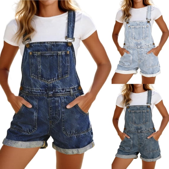 fheaev Denim Overalls for Women Loose Fit Casual Summer Button Mini Shorts with Bib Pocket Dark Blue S