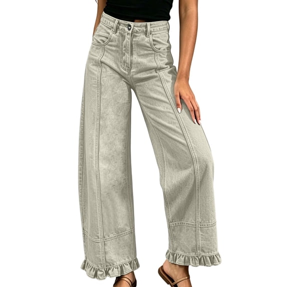 Resource Protection fheaev Denim Pants for Women Solid Color Splicing Pleated Hem Straight ...