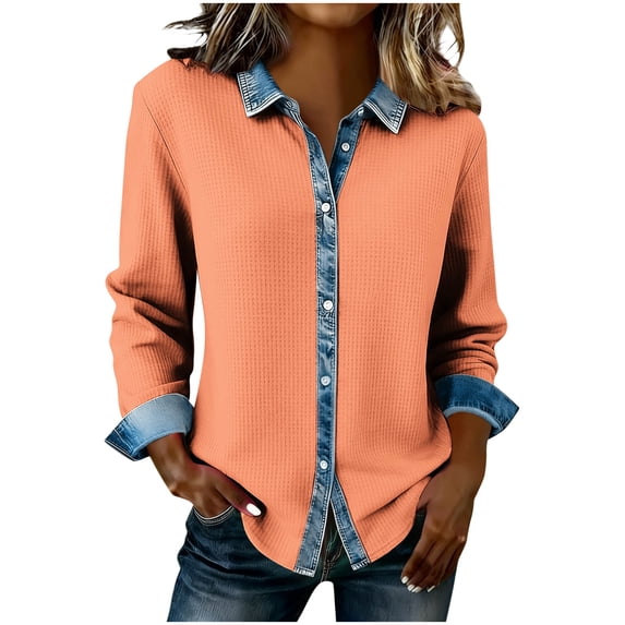fheaev Denim Patchwork Button Down Shirts for Women Dressy Loose Long Sleeve Lapel Colorblock Business Casual Blouse