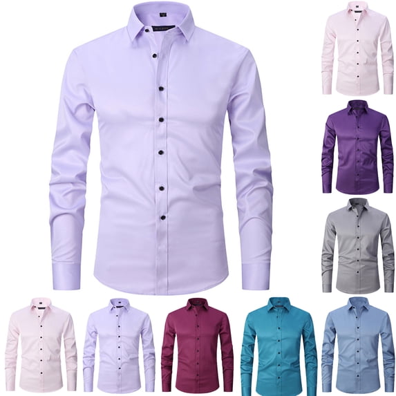 fheaev Dress Shirts For Men Long Sleeve Turn-Down Collar Button Up Shirts Solid Color Slim Fit Casual Regular Business Formal Dress Shirt