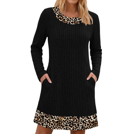 4 Color Printers fheaev Fall Dress for Women Print Ribbed Knit Long Sleeve Crew Neck ...