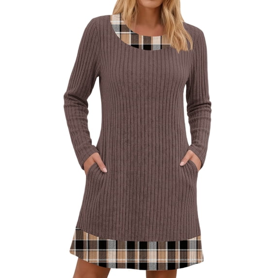 fheaev Fall Dress for Women Print Ribbed Knit Long Sleeve Crew Neck ...