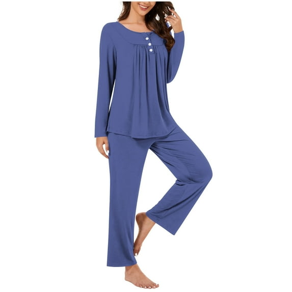 fheaev Fall Pajama Sets For Women 2 Piece Set Sleepwear Long Sleeve Round Neck Up Soft Set Pleated Blouse Tops Comfy Pjs Pants With Pockets Nightwear