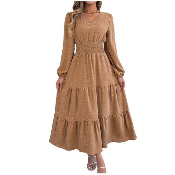fheaev Fall Wedding Guest Dresses for Women V-Neck Long Sleeve Elastic Waist Tiered Ruffle A-Line Flowy Maxi Dress Khaki,S