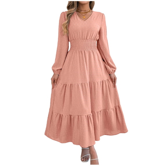 fheaev Fall Wedding Guest Dresses for Women V-Neck Long Sleeve Elastic Waist Tiered Ruffle A-Line Flowy Maxi Dress Pink,XL